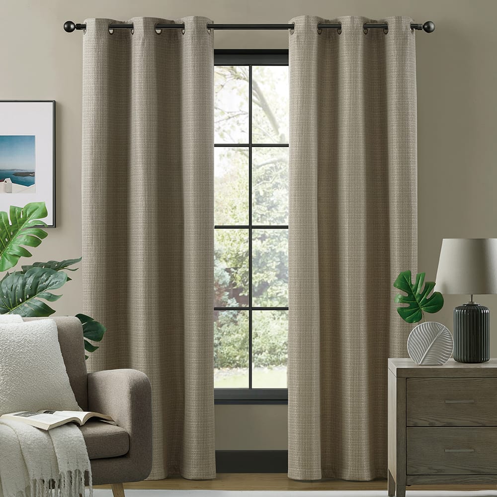 Taupe Morgan room darkening curtains at a black-framed window